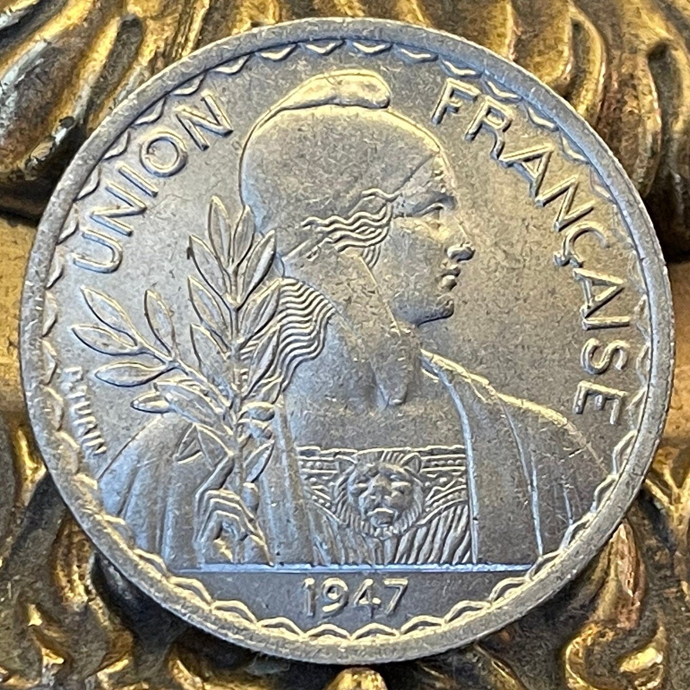 Marianne with Lion's Head Bodice & Rice Stalks French Indochina 1 Piastre Authentic Coin Money for Jewelry (Phrygian Cap) (France) (Vietnam)