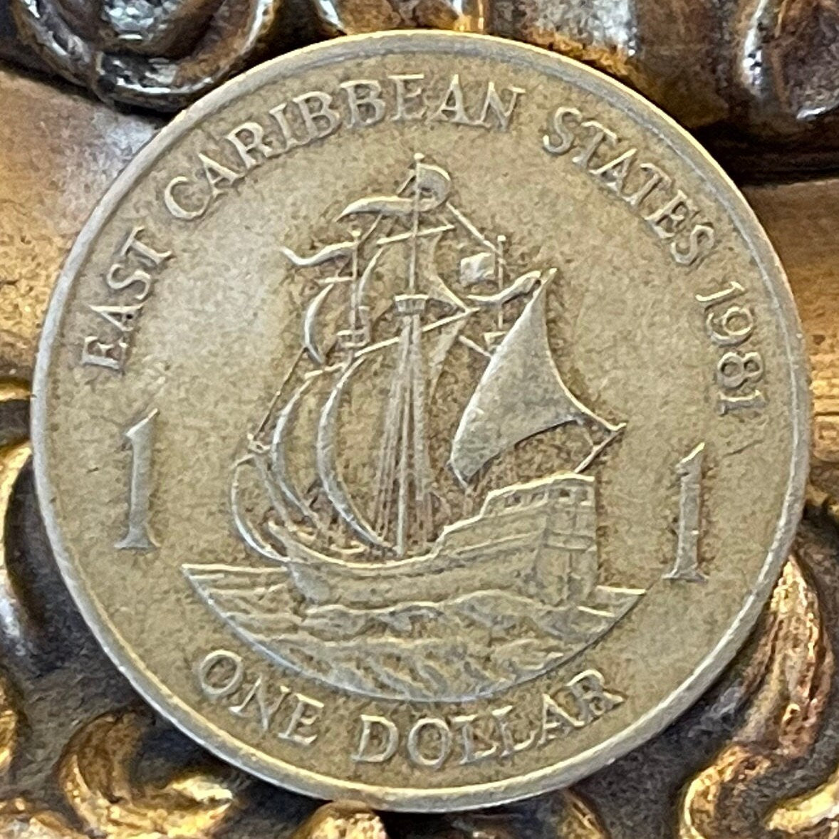 Golden Hind Galleon of Sir Francis Drake 1 Dollar East Caribbean States Authentic Coin Money for Jewelry and Crafts (CONDITION: VERY FINE)