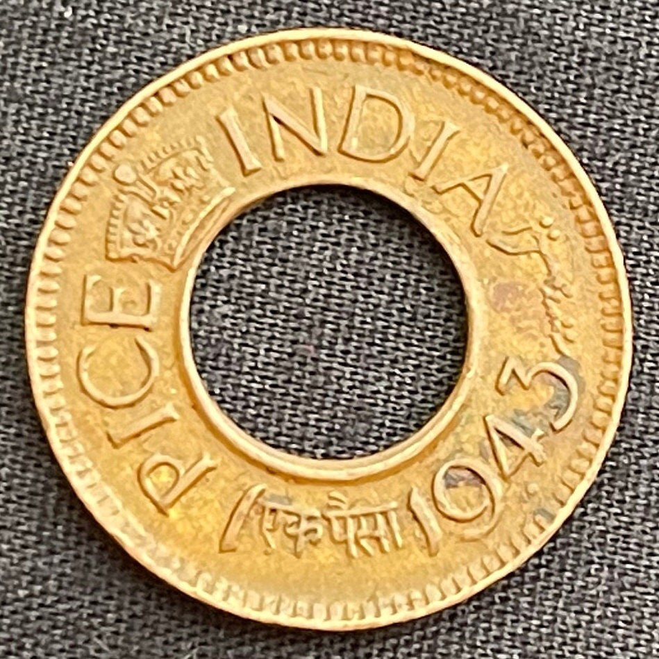 Crown of George VI King Emperor & Hole 1 Pice British India Authentic Coin Money for Jewelry (British Raj) (Emperor of India) (Hole in Coin)