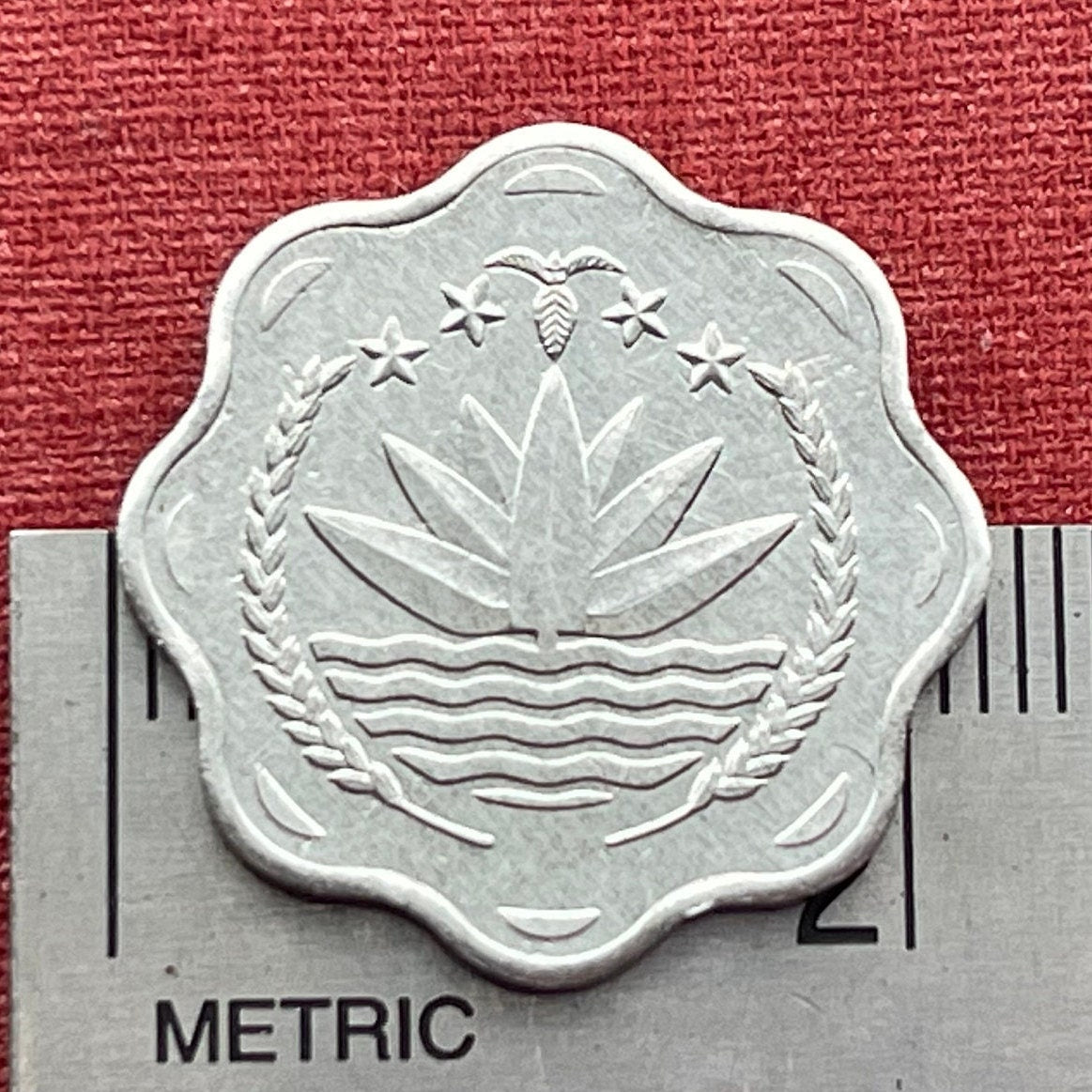 Water Lily & Two-Child Family 10 Poisha Bangladesh Authentic Coin Money for Jewelry (Scalloped Coin) (Family Planning) (Lotus) (Star Lotus)